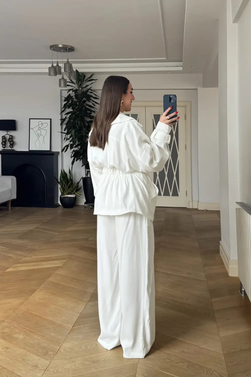Tek Düğmeli Kuşaklı Ceket Pantolon Kadın Takım - Ekru