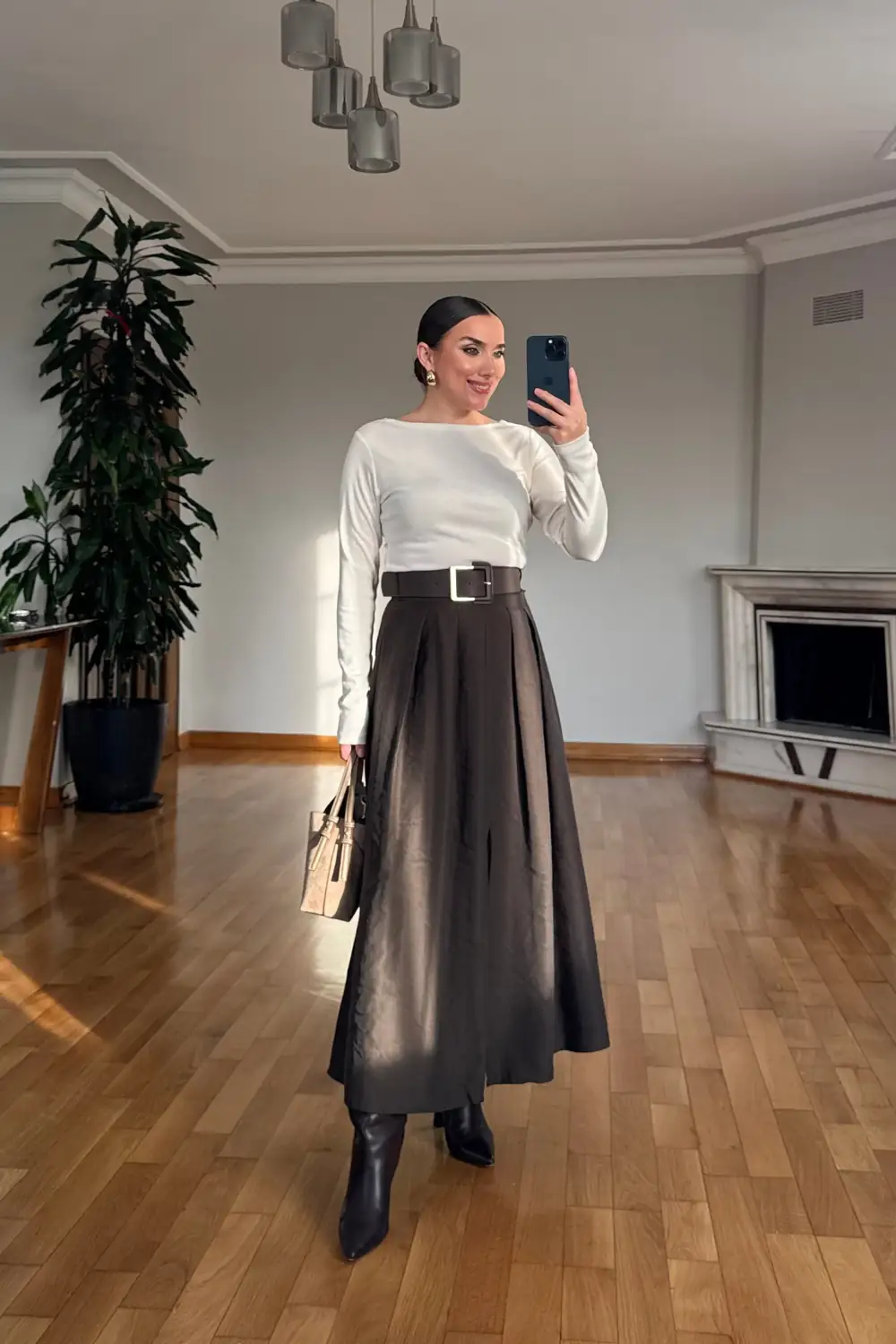 Kemerli Kloş Midi Etek - Kahverengi