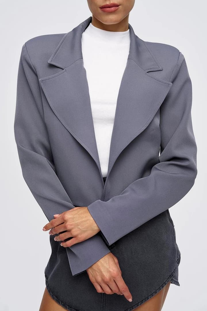 Vatkalı Blazer Crop Kadın Ceket - Gri