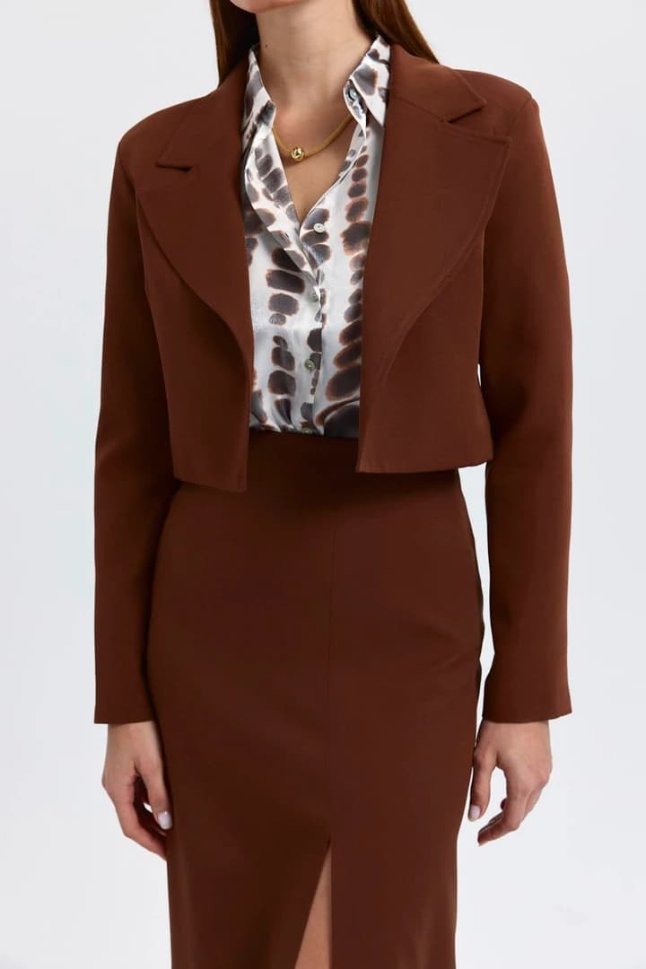 Vatkalı Blazer Crop Kadın Ceket - Kahverengi