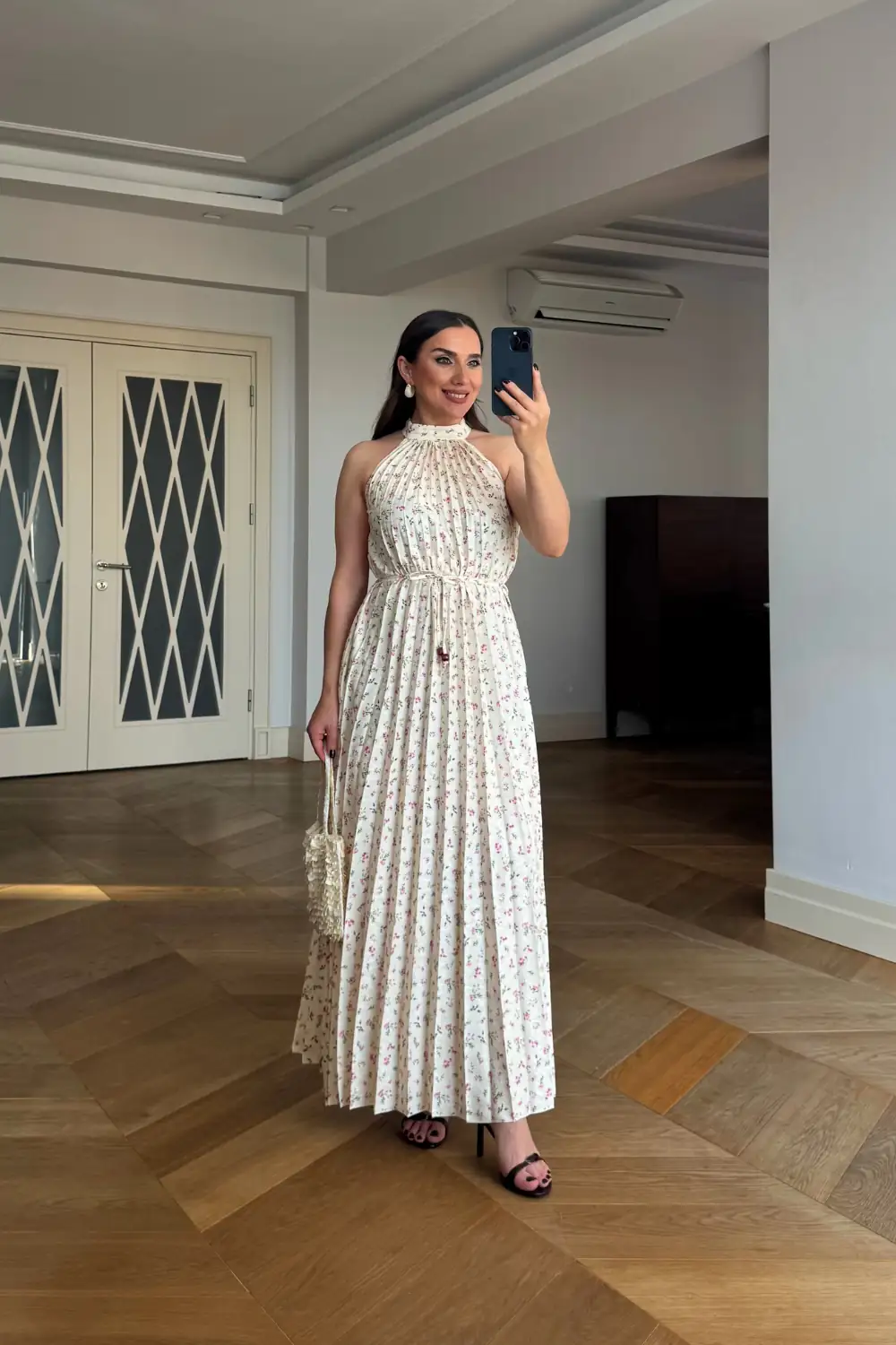 Halter Yaka Çiçek Desenli Midi Elbise - Sarı