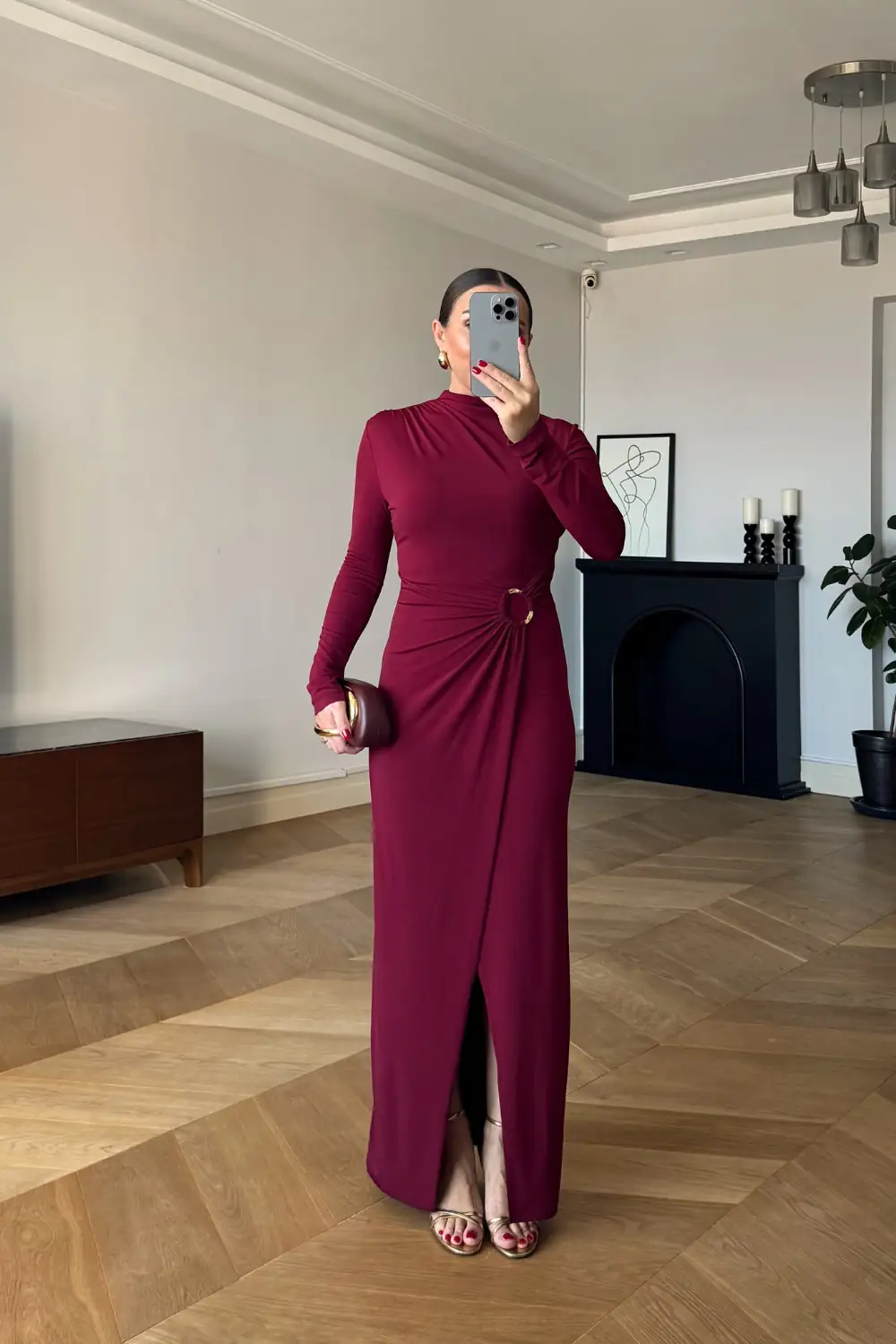 Toka Detaylı Uzun Kollu Uzun Elbise 5