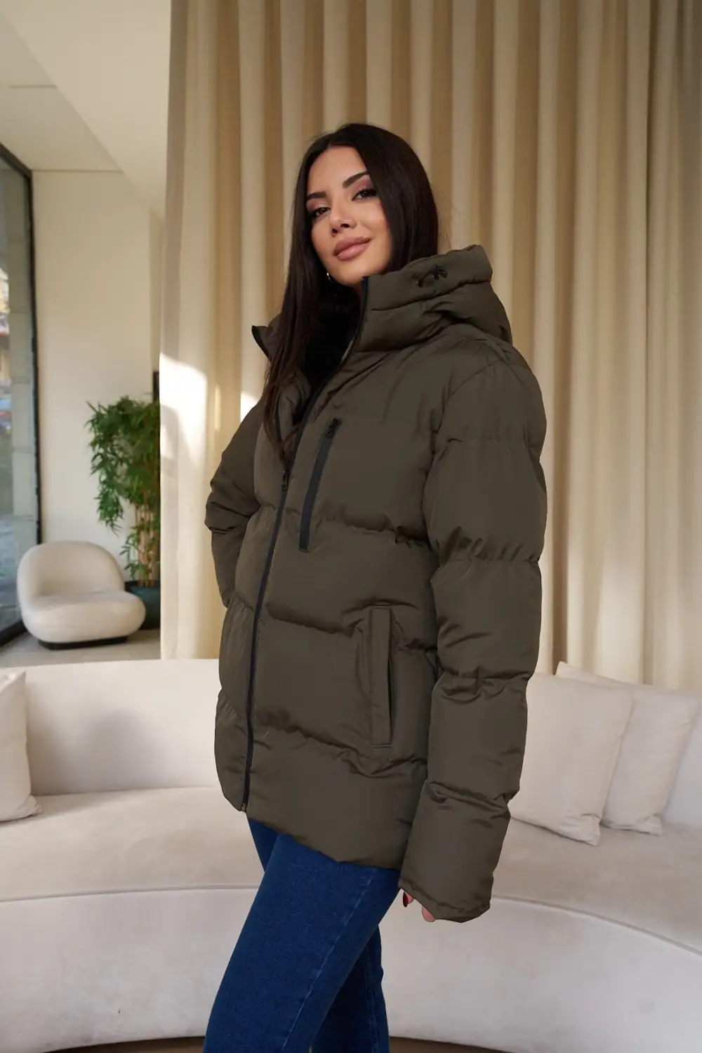 Unisex Dik Yaka Kapüşonlu Rüzgar Geçirmez Şişme Mont 5