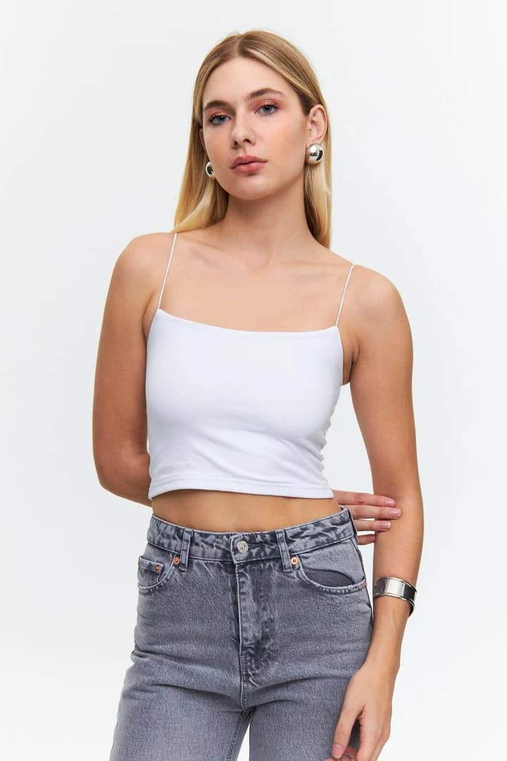 İp Asklı Crop Top - Beyaz