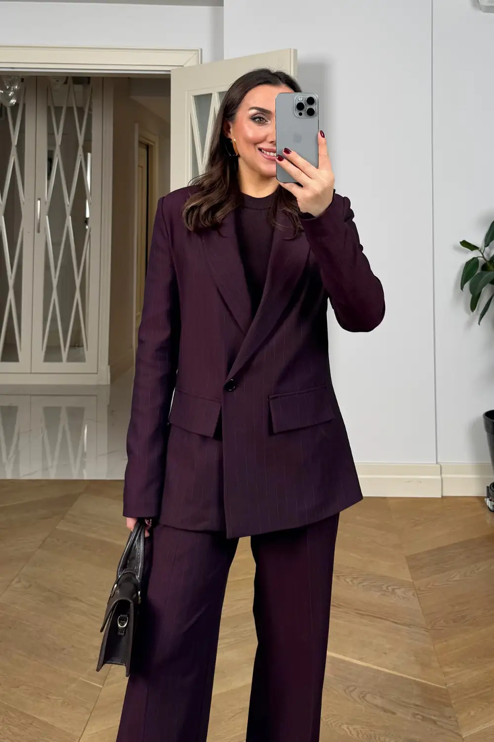 Kruvaze Çizgili Blazer Ceket Pantolon Kadın Takım - BORDO