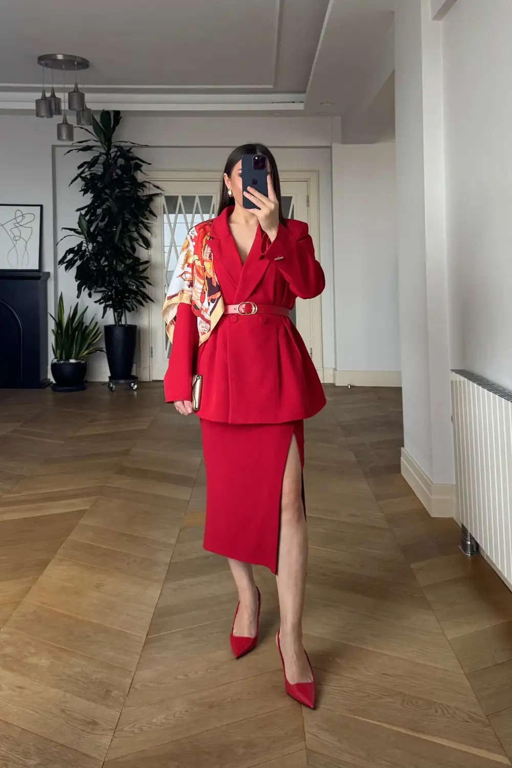 Kemerli Blazer Kadın Ceket - Kırmızı