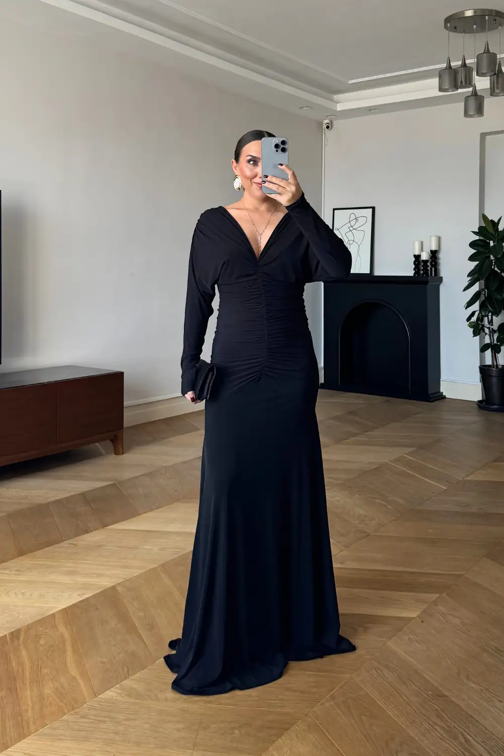 Büzgülü Uzun Kollu Uzun Elbise 5