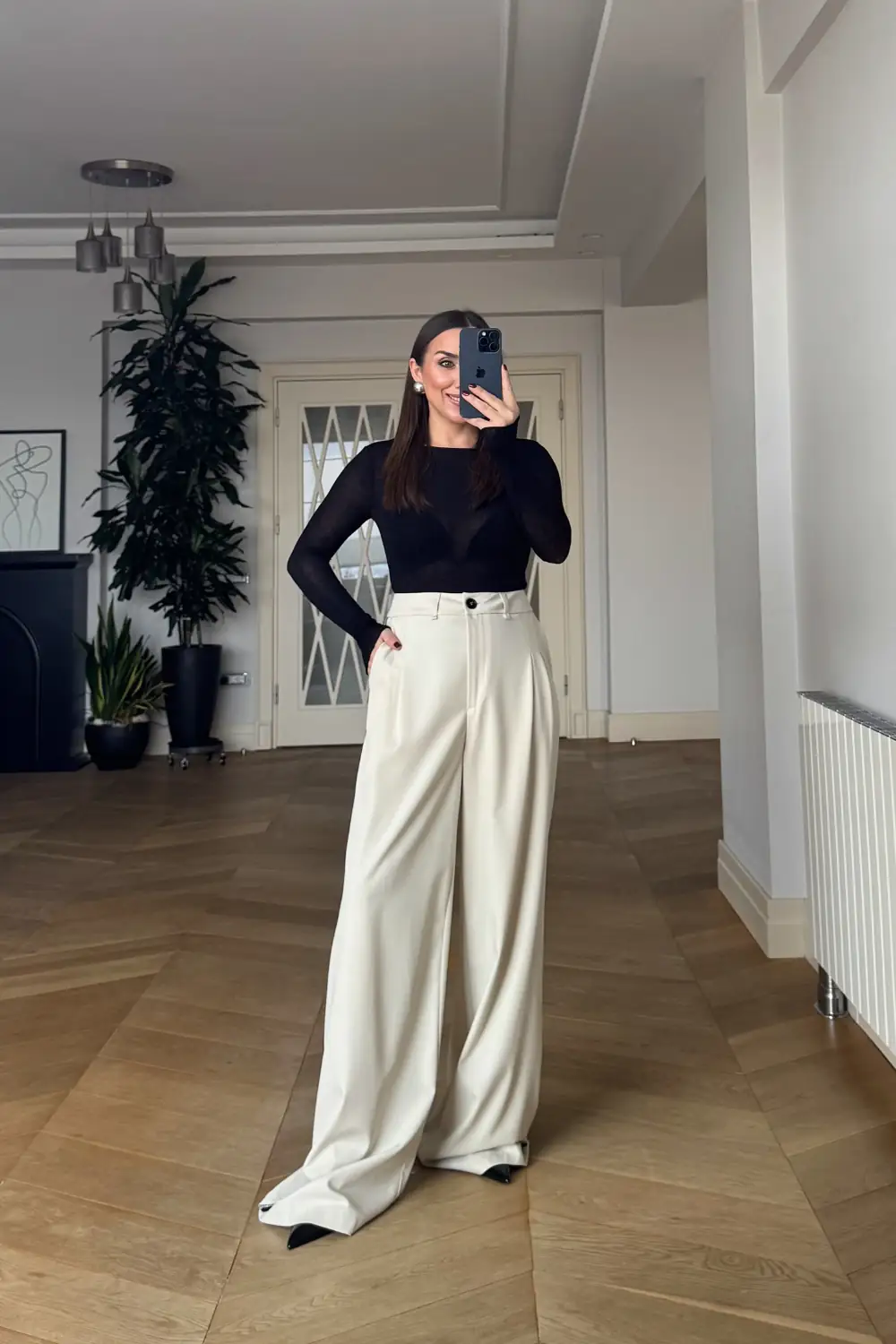 Taşlı Şerit Detaylı Palazzo Kadın Pantolon - Bej