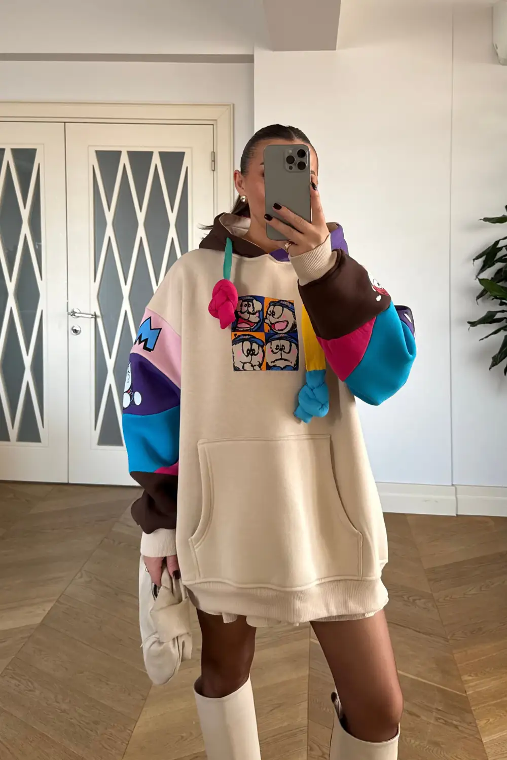Oversize Kapüşonlu Kadın Sweatshirt - Bej