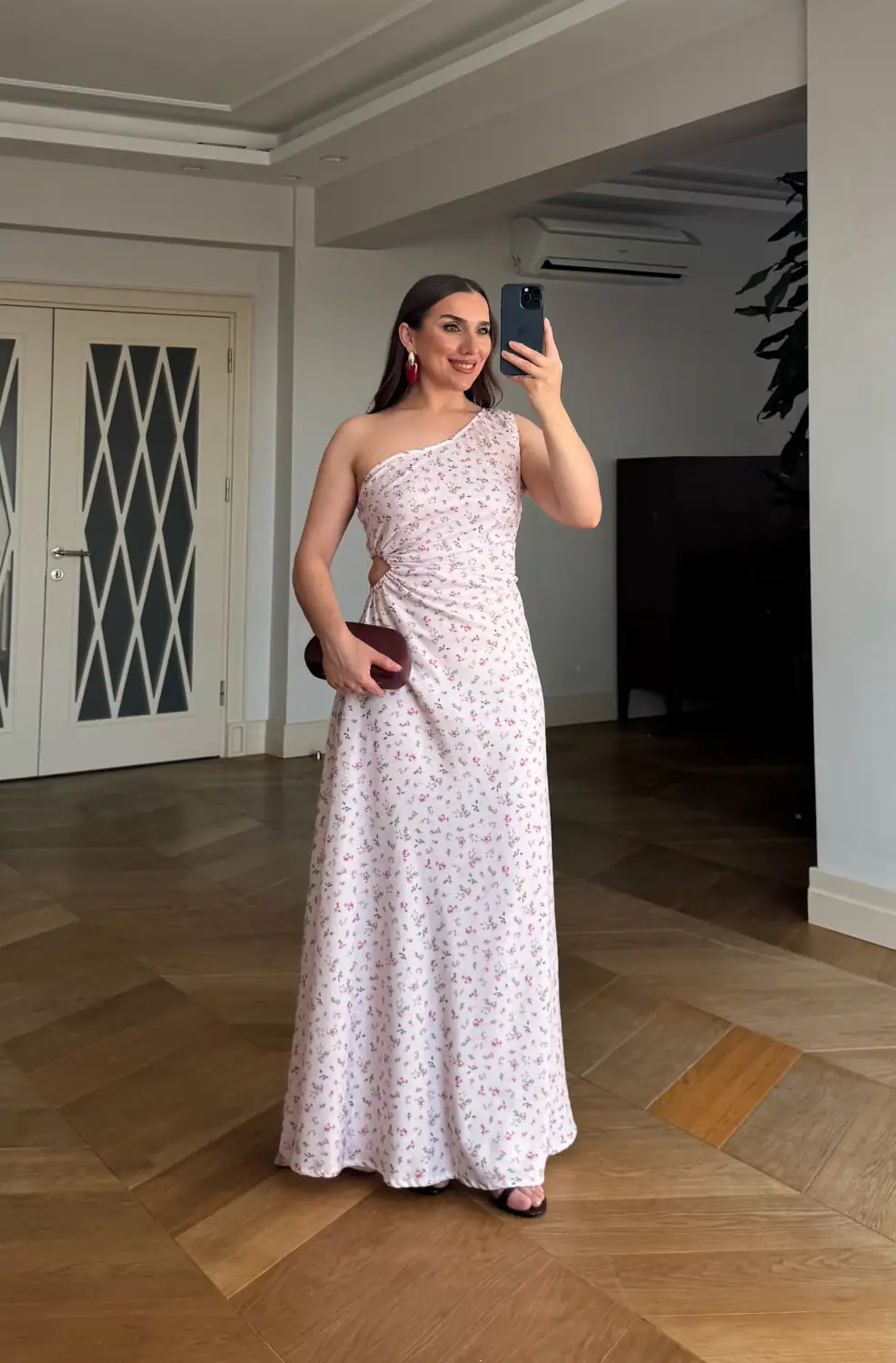 Çiçek Desenli Tek Omuz Uzun Elbise - Pembe