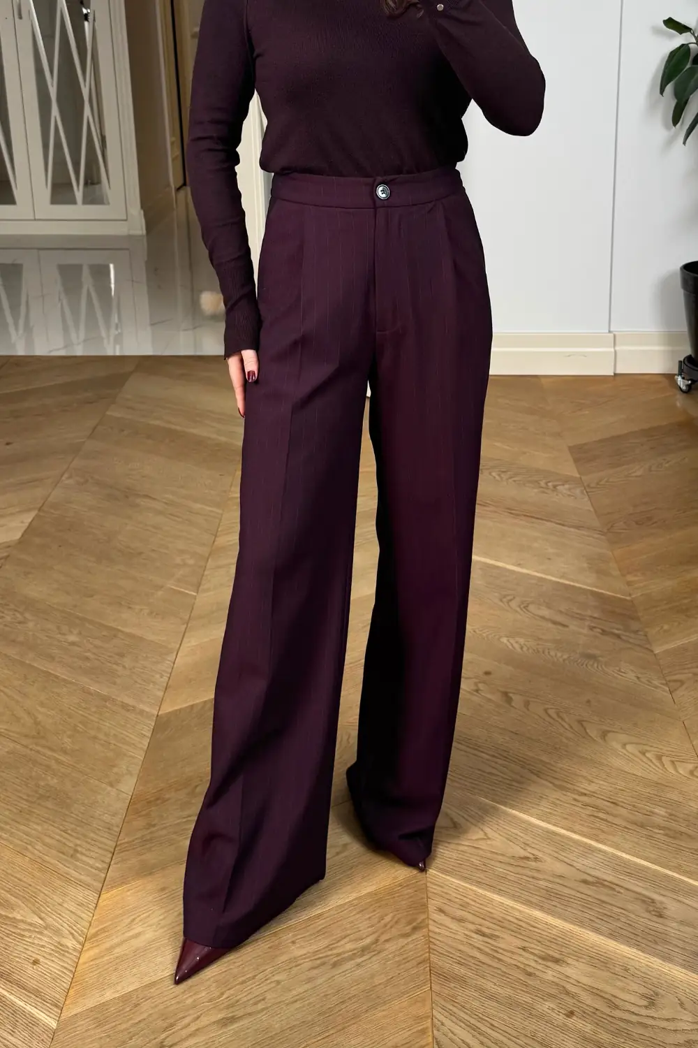 Kruvaze Çizgili Blazer Ceket Pantolon Kadın Takım - BORDO
