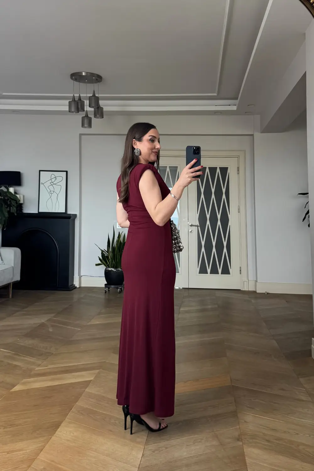 Kruvaze Yaka Vatkalı Uzun Elbise - BORDO