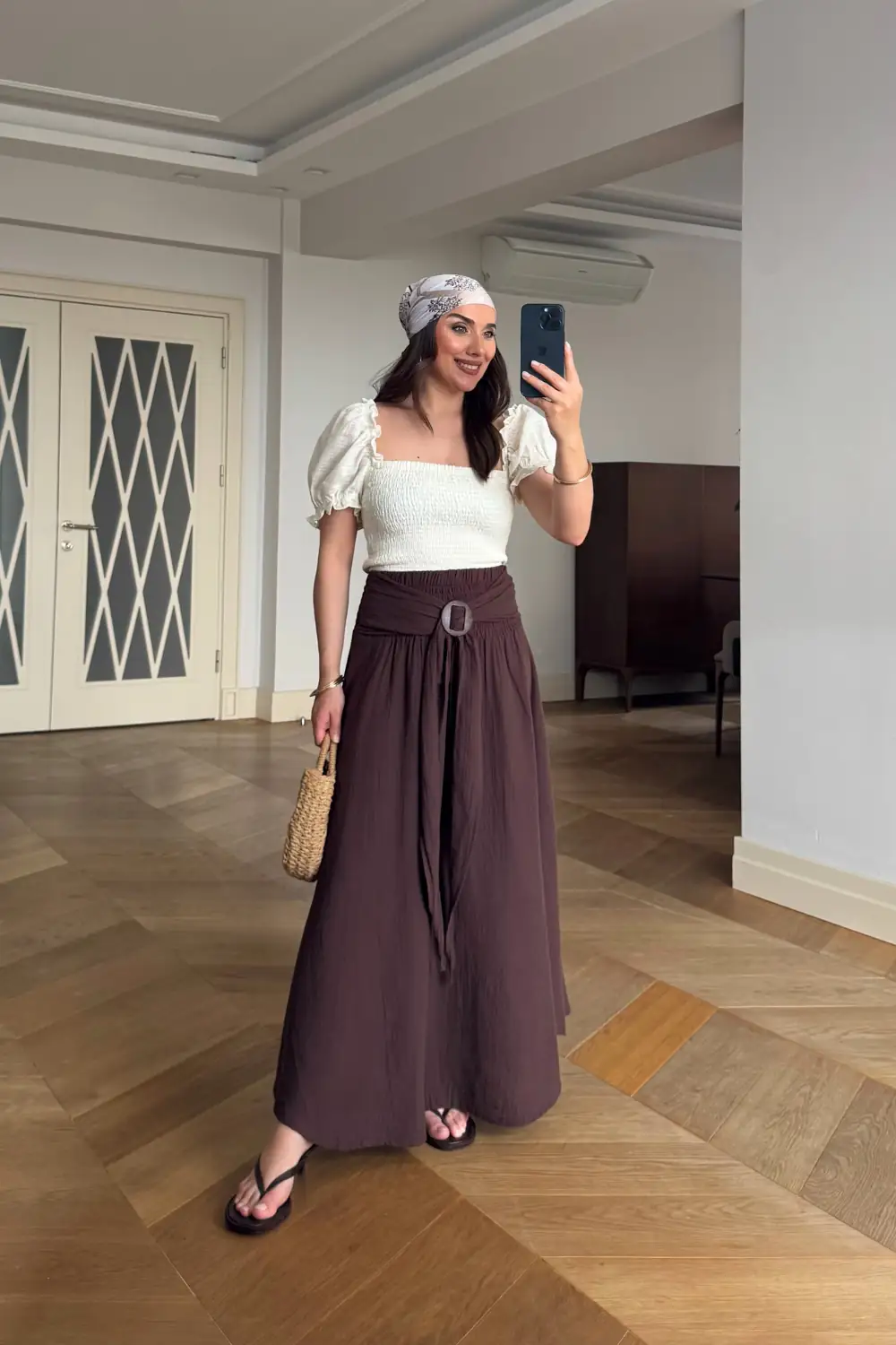 Beli Lastikli Müslin Midi Etek - Kahverengi