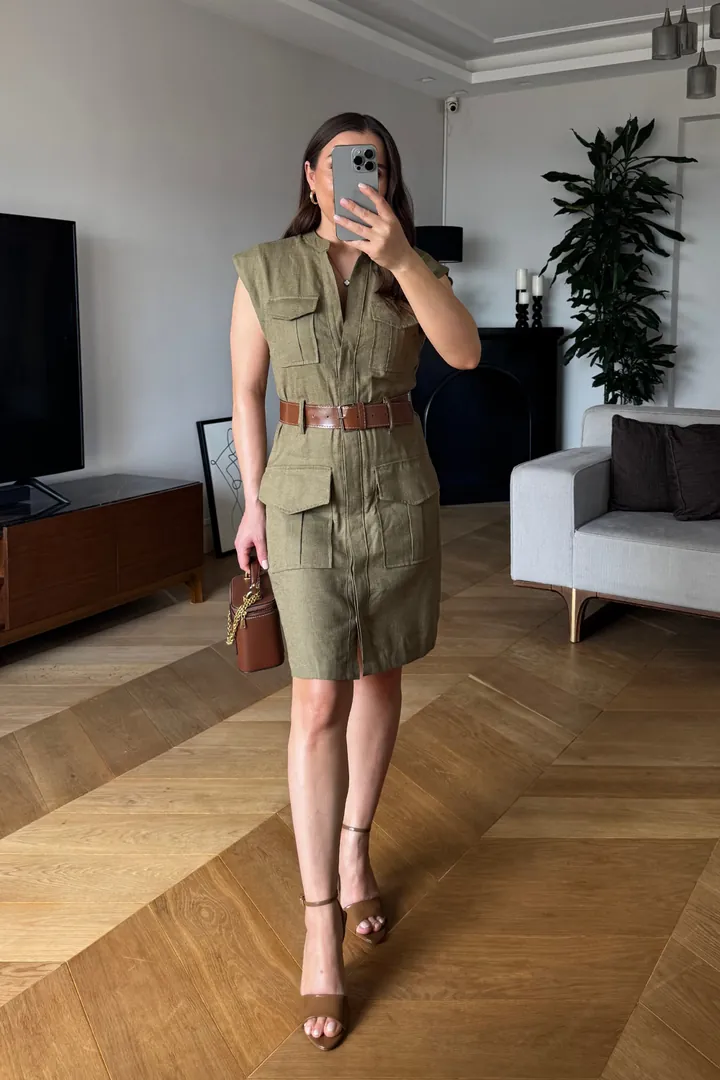 Kemerli Keten Mini Elbise 1