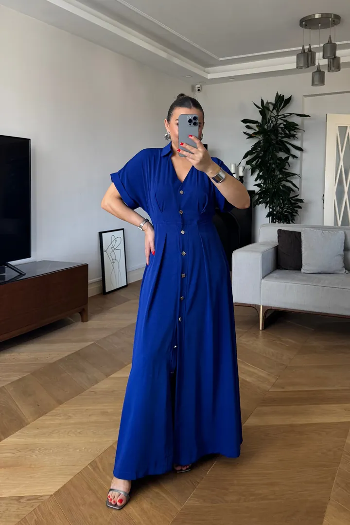 Kısa Kollu Uzun Gömlek Elbise - SAKS MAVİ