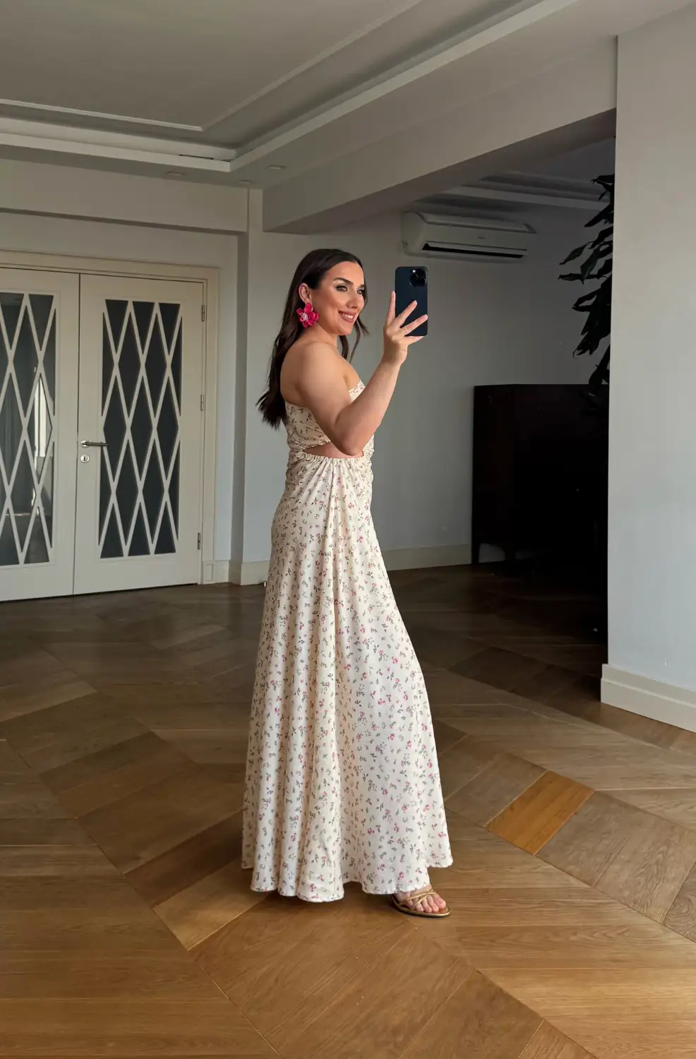 Çiçek Desenli Tek Omuz Uzun Elbise - Sarı