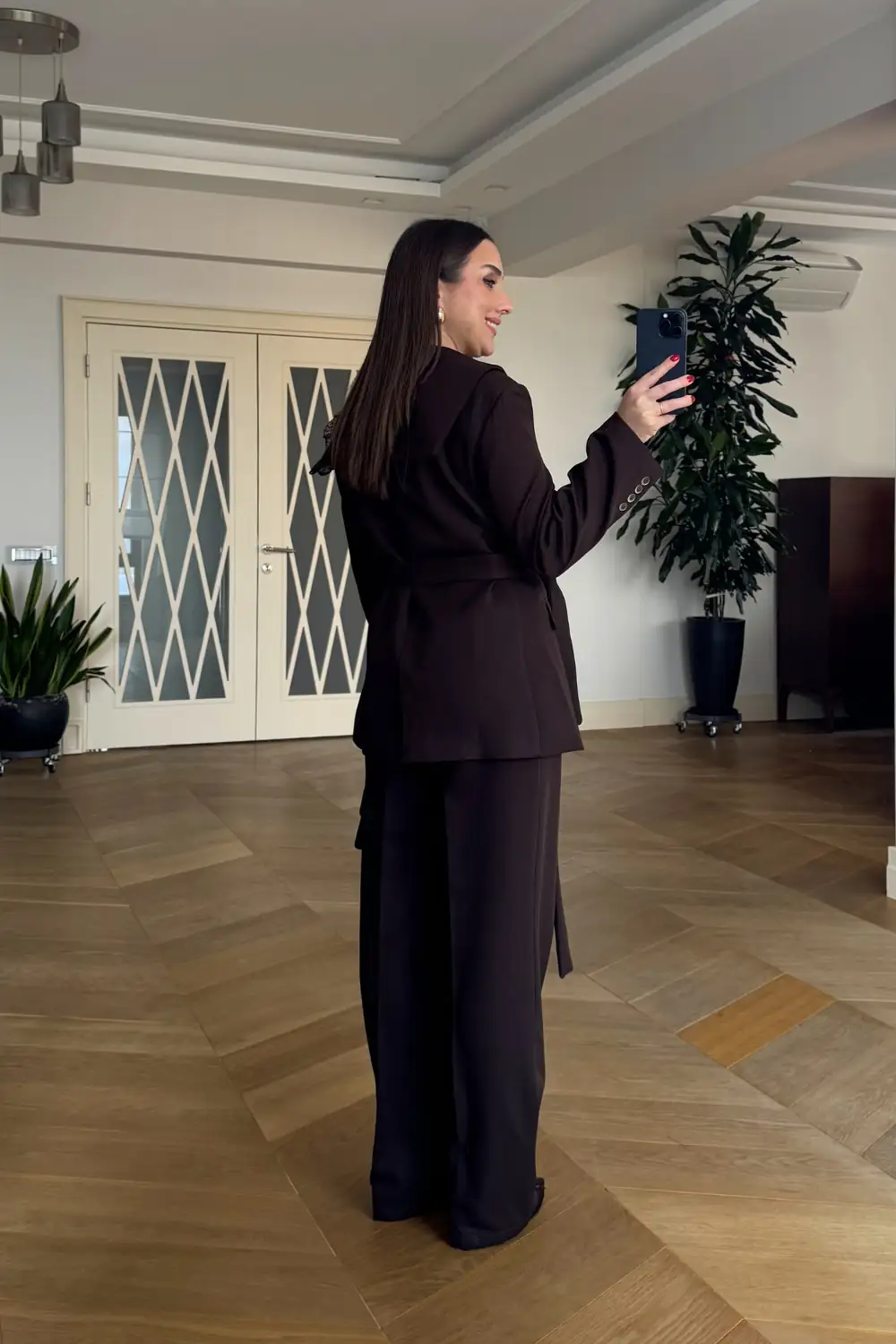 Pelerin Detaylı Blazer Ceket Pantolon Kadın Takım - Kahverengi