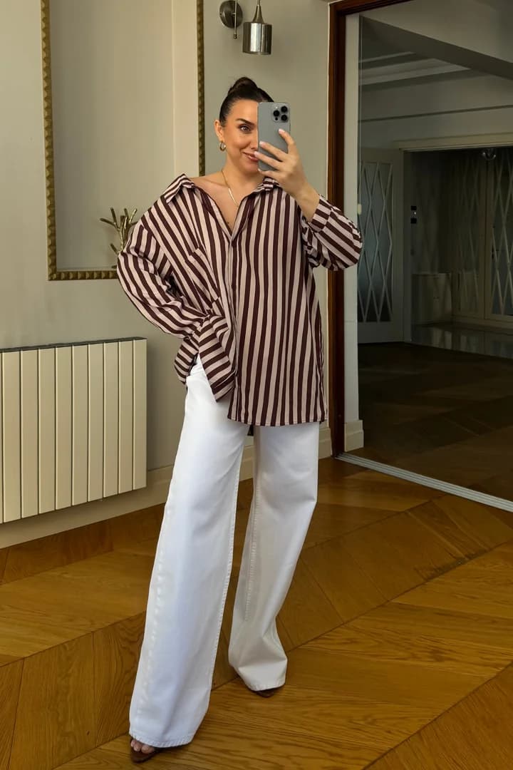 Oversize Çizgili Kadın Gömlek 4