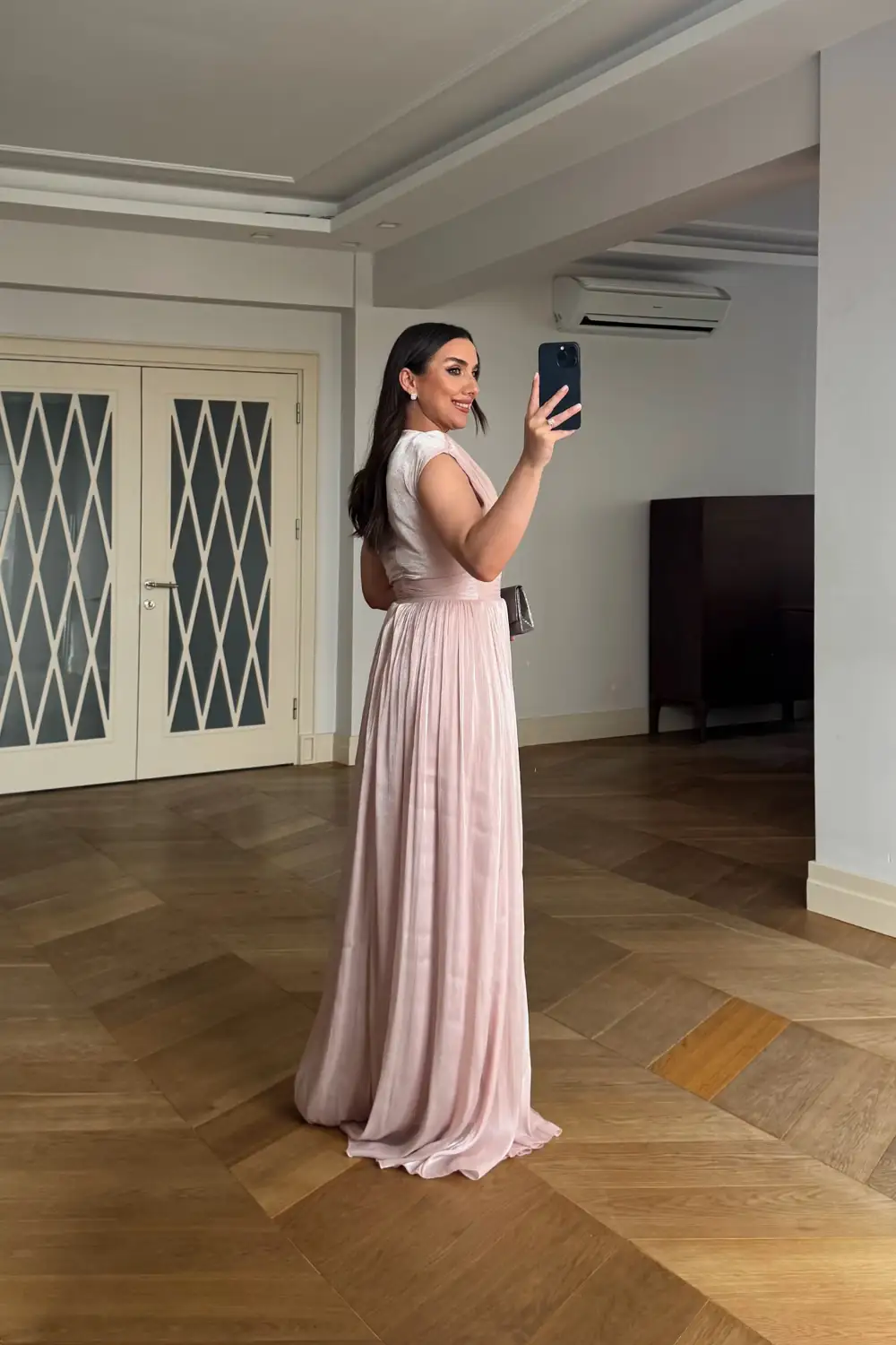 Kruvaze Yaka Sıfır Kol Uzun Elbise - Pudra Pembe