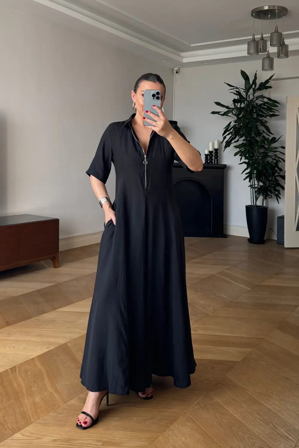 Fermurarlı Gömlek Yaka Uzun Elbise 6