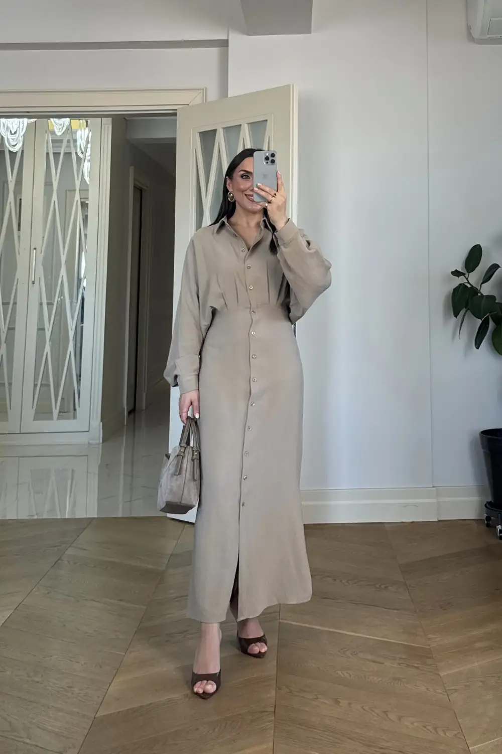Kuşak Detaylı Uzun Kollu Gömlek Elbise 2