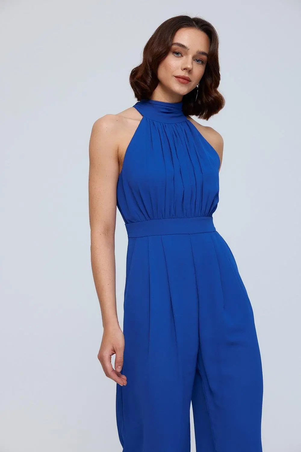 Halter Yaka Uzun Kadın Tulum - SAKS MAVİ