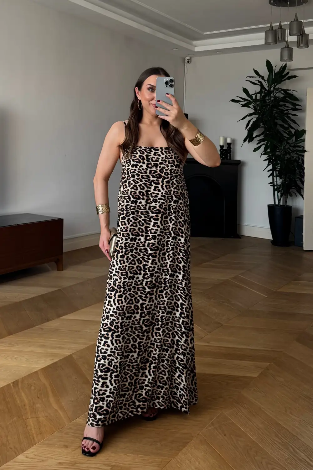 Leopar Desenli Askılı Uzun Elbise - Siyah/Bej