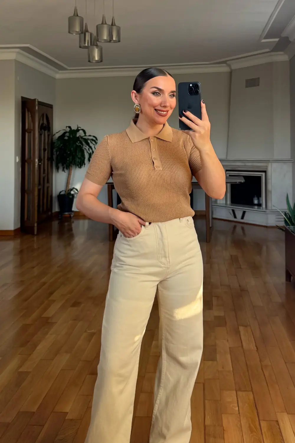 Polo Yaka Ajurlu Kısa Kollu Triko Bluz - Camel