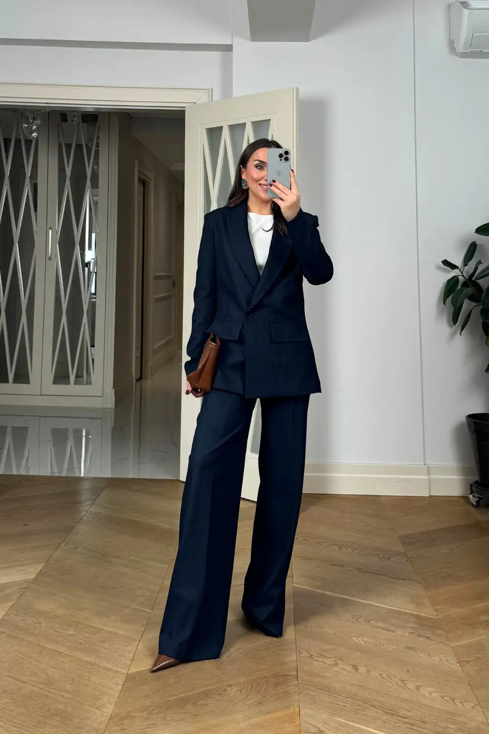 Kruvaze Çizgili Blazer Ceket Pantolon Kadın Takım - Lacivert