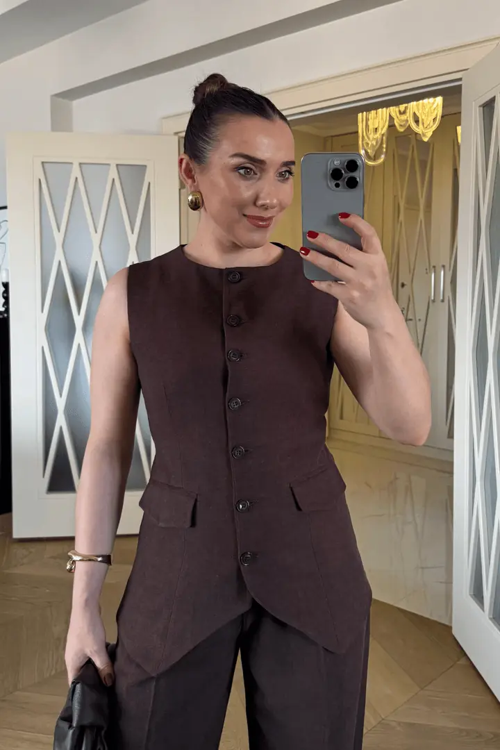 Bisiklet Yaka Keten Karışımlı Kadın Yelek - Kahverengi