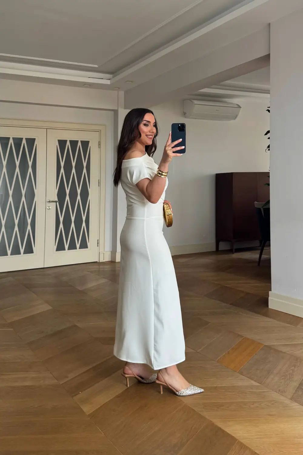 Kayık Yaka Drape Detaylı Midi Elbise - Beyaz