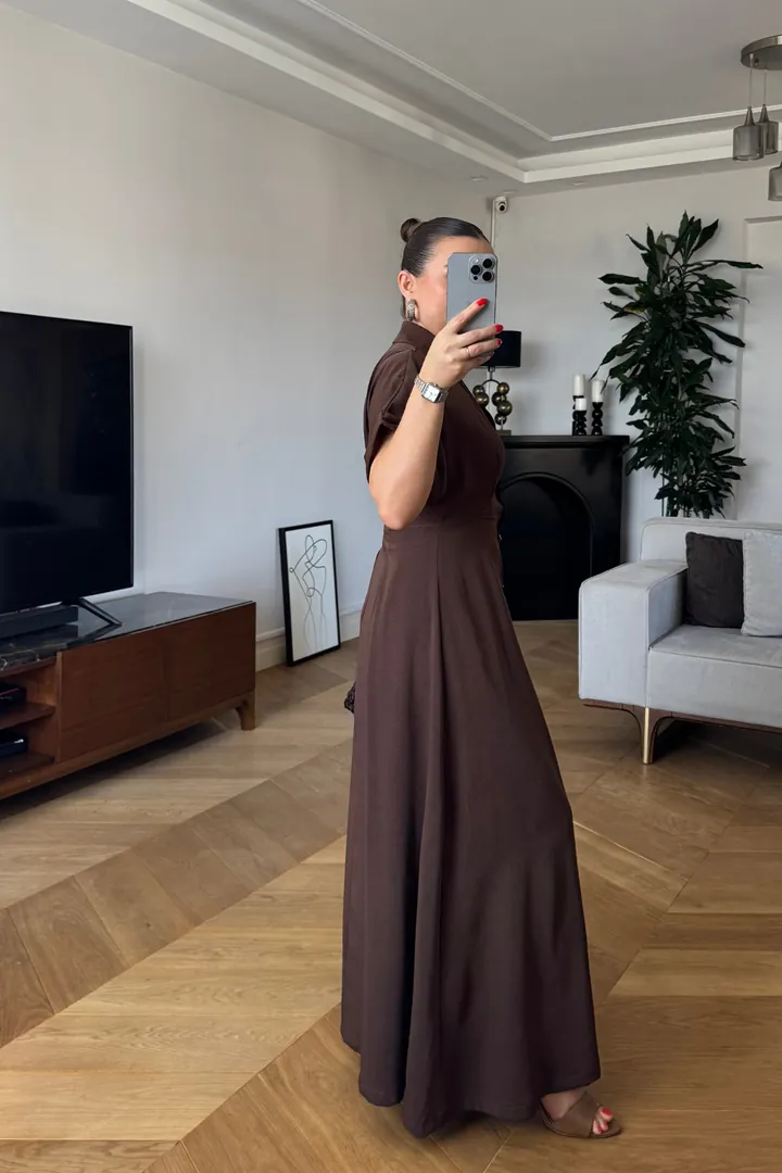 Kısa Kollu Uzun Gömlek Elbise - Kahverengi