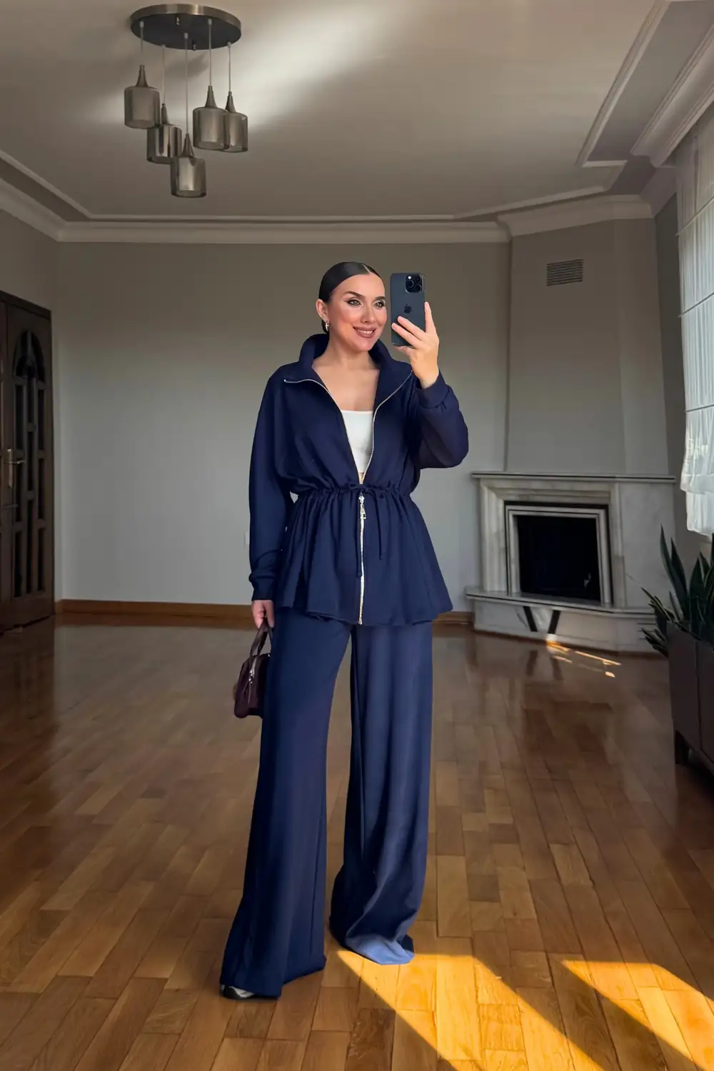Dik Yaka Bel Büzgülü İkili Takım