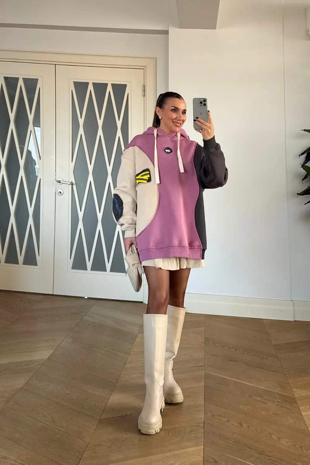 Blok Renkli Kapüşonlu Kadın Sweatshirt - Gülkurusu