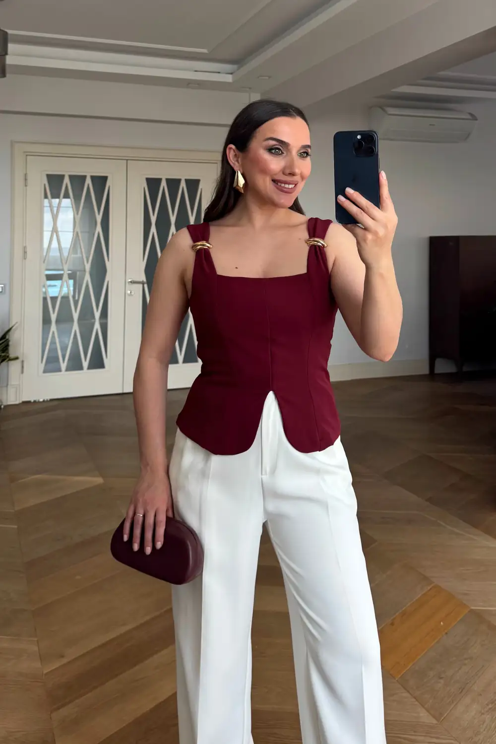 Kare Yaka Askılı Büstiyer - BORDO