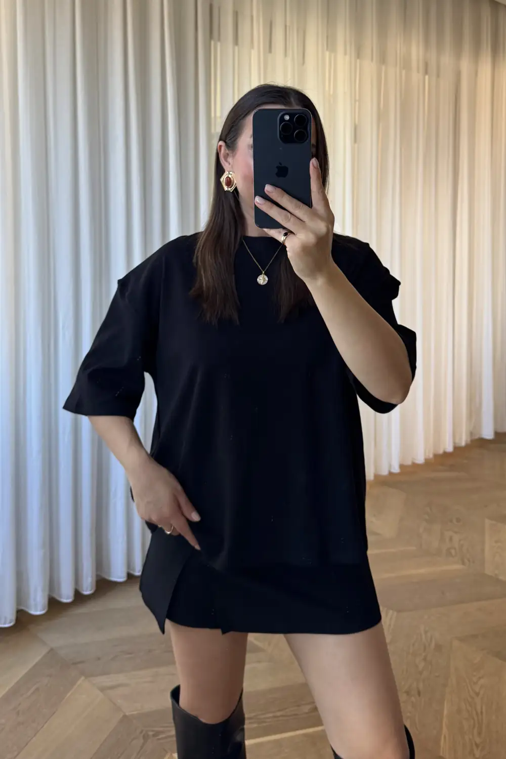 Oversize Bisiklet Yaka Kadın Tişört - SİYAH