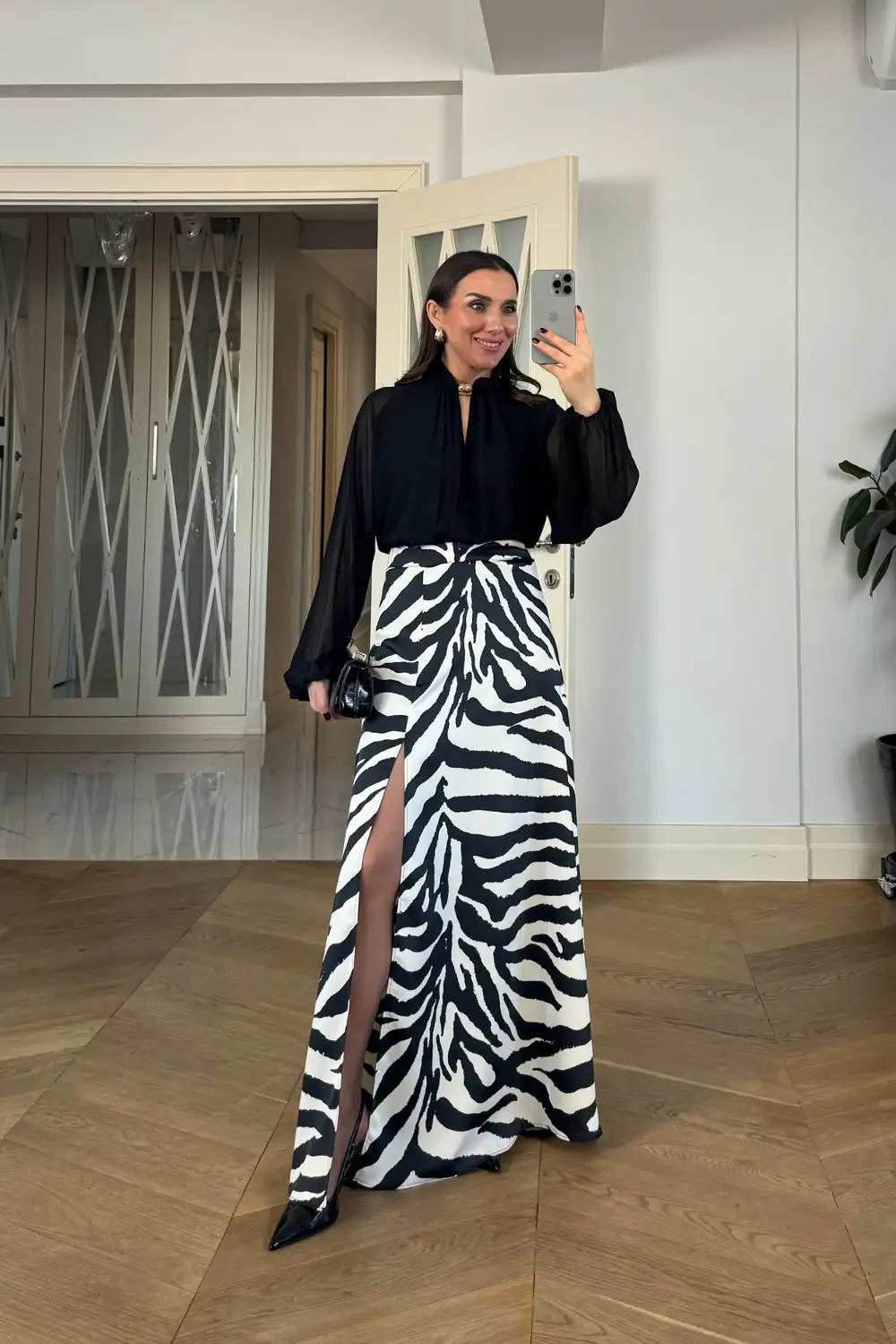 Zebra Desenli Yırtmaçlı Uzun Etek 5