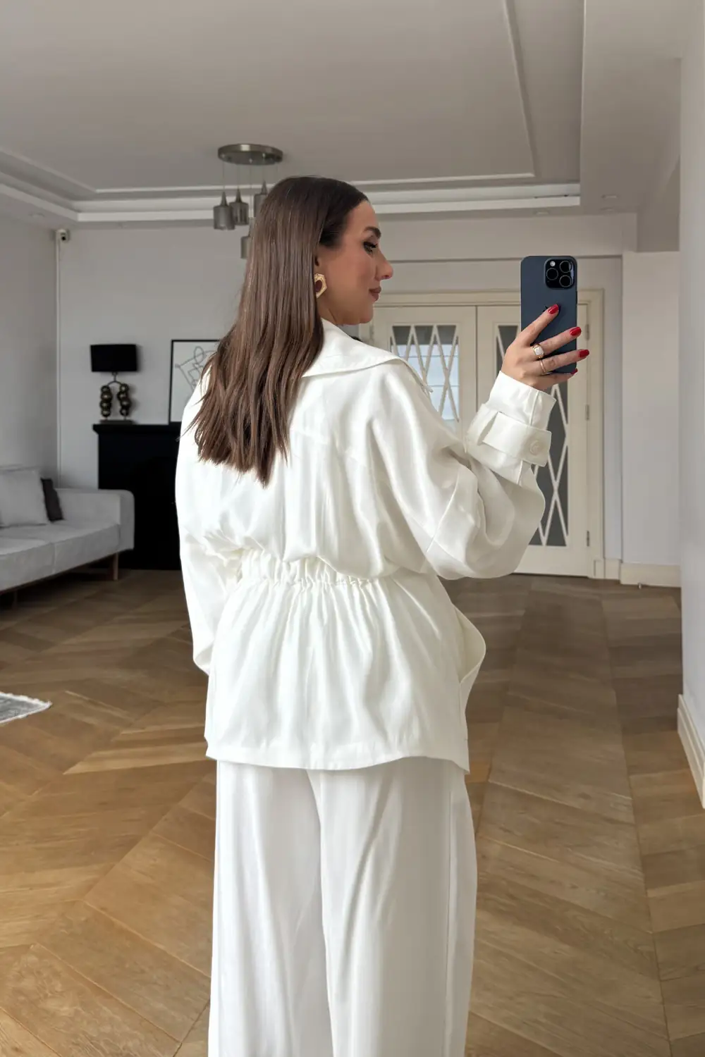 Tek Düğmeli Kuşaklı Ceket Pantolon Kadın Takım - Ekru