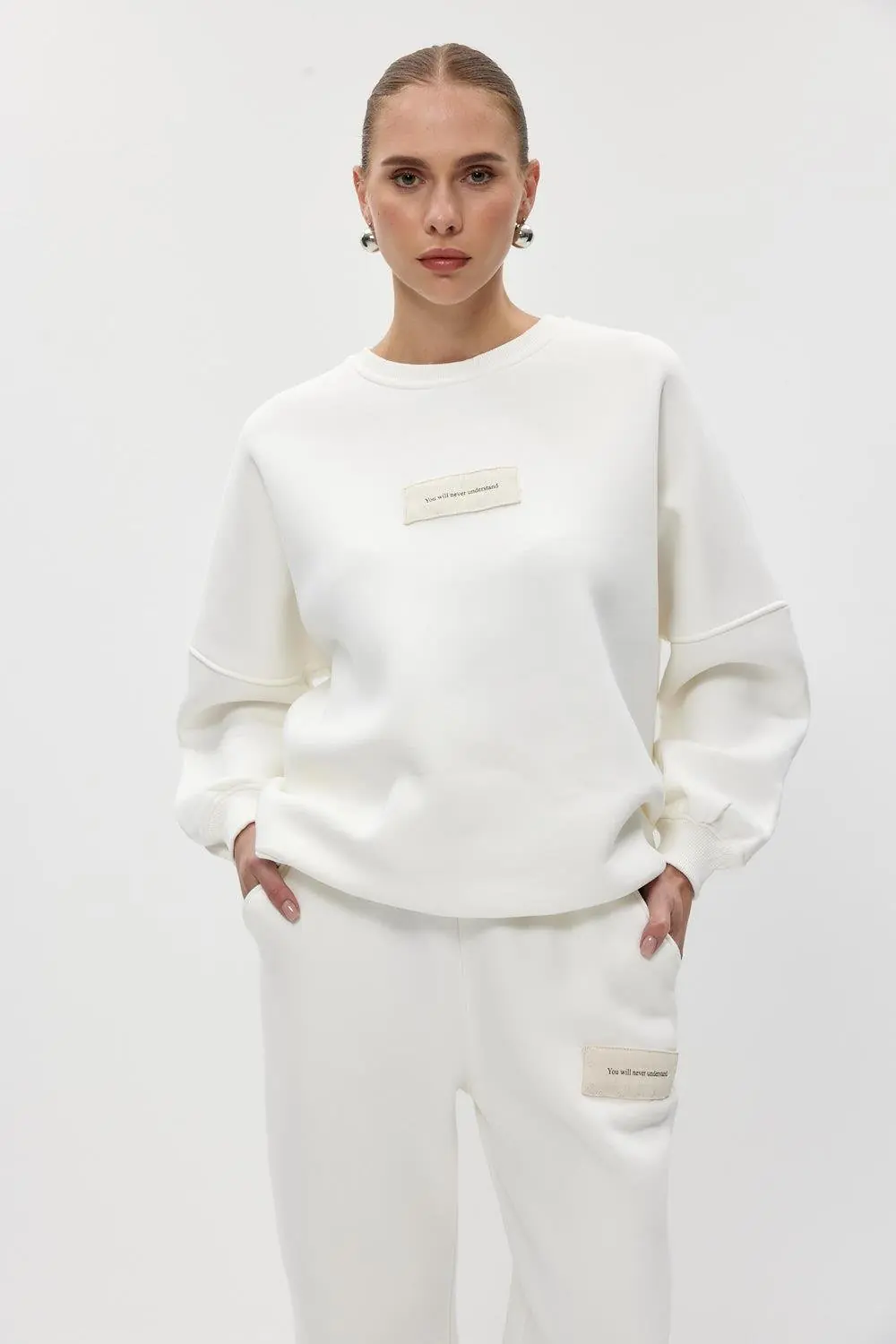 Bisiklet Yaka Oversize Kadın Eşofman Takımı - Ekru