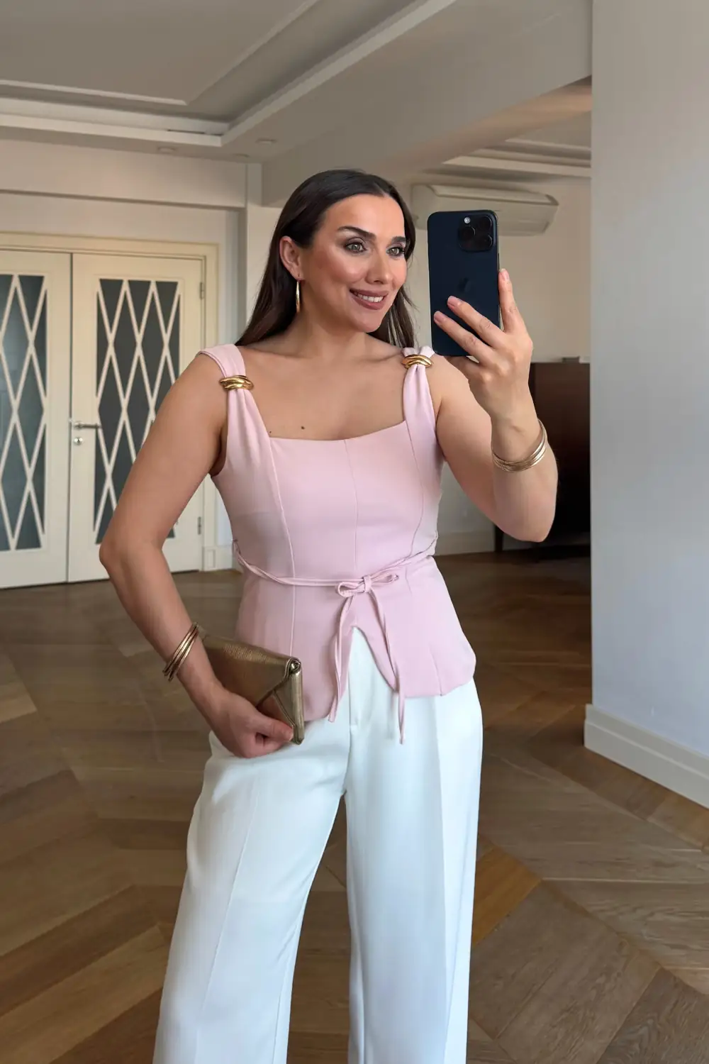 Kare Yaka Askılı Büstiyer - Pudra Pembe