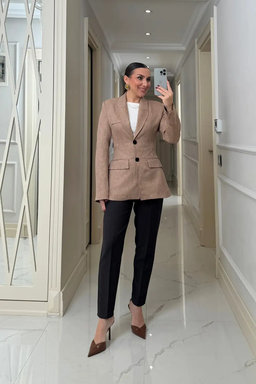 Vücuda Oturan Blazer Kadın Ceket - Vizon