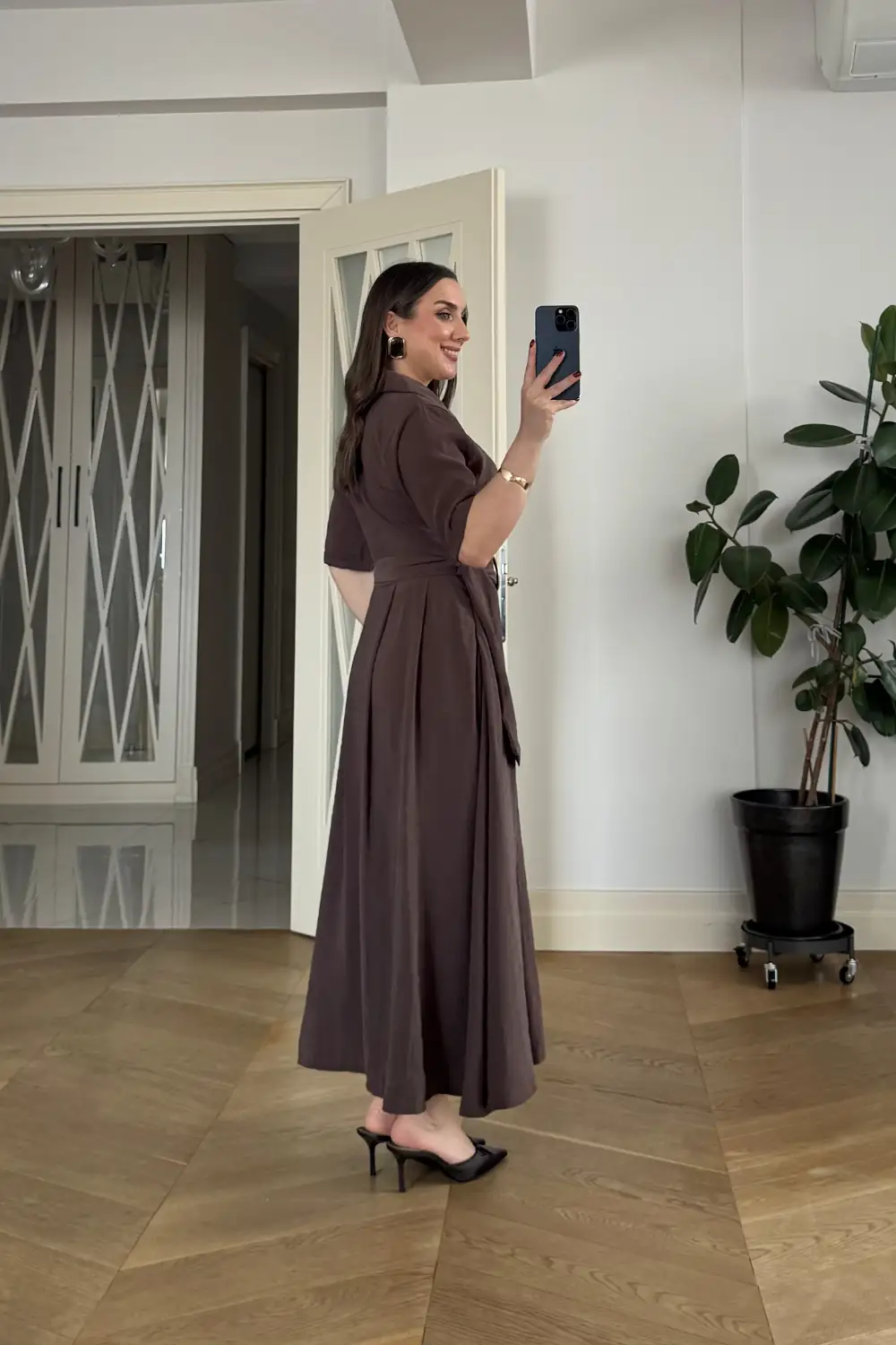 Kruvaze Yaka Kısa Kollu Uzun Elbise 6