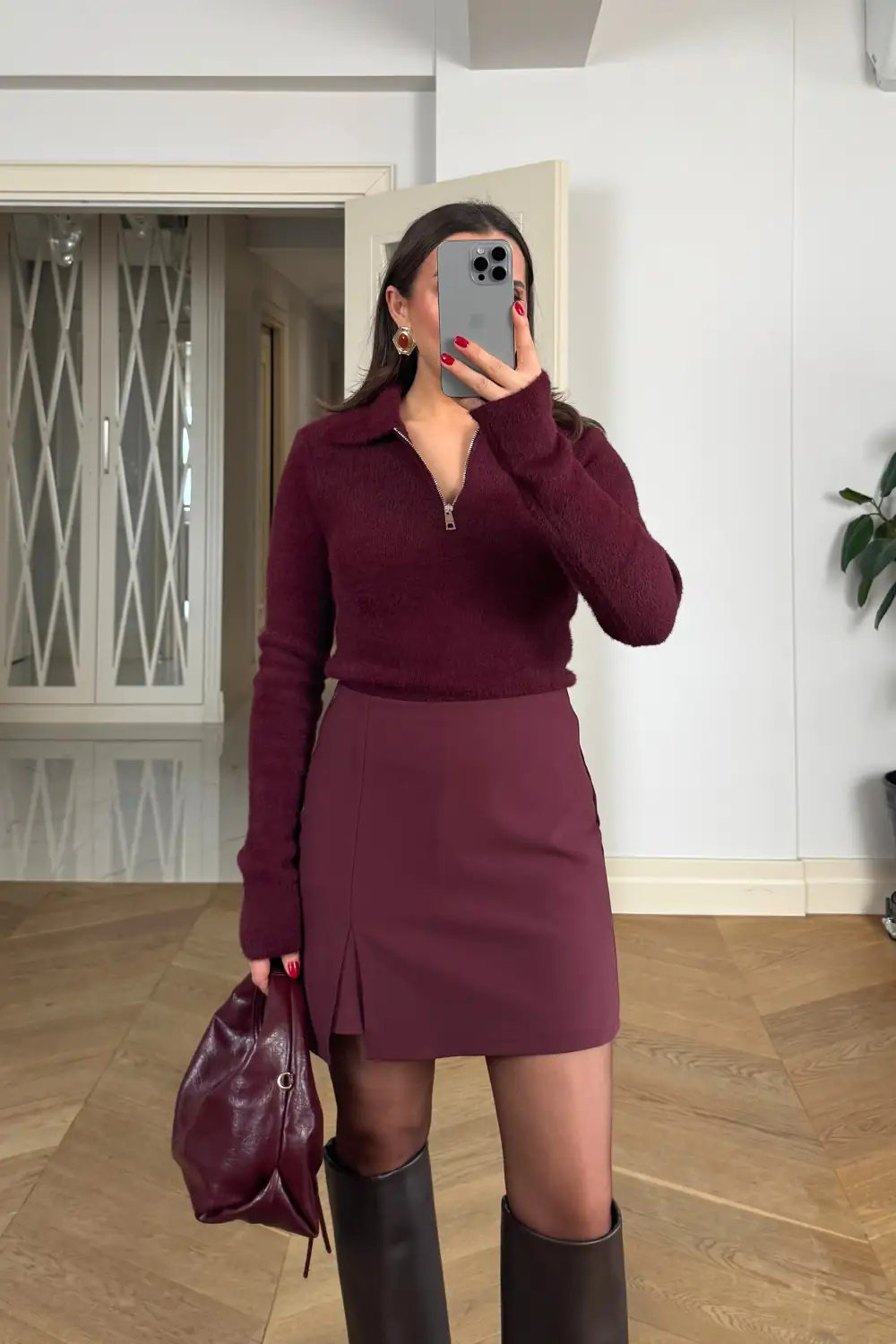 Yırtmaç Detaylı Mini Şort Etek - BORDO