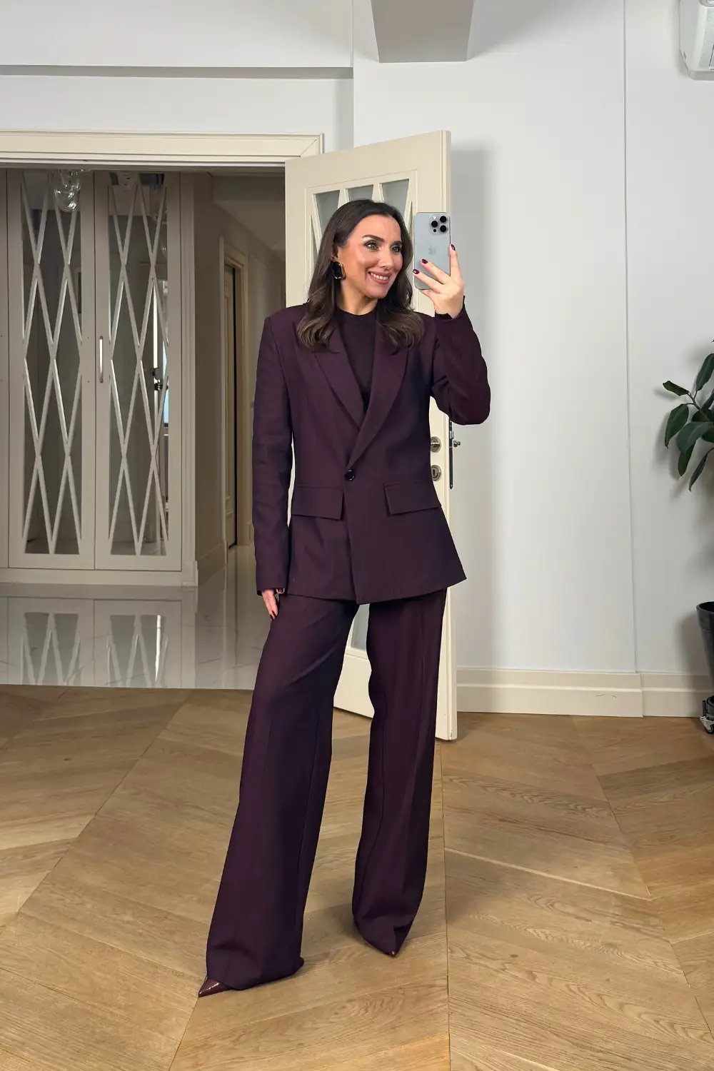 Kruvaze Çizgili Blazer Ceket Pantolon Kadın Takım - BORDO
