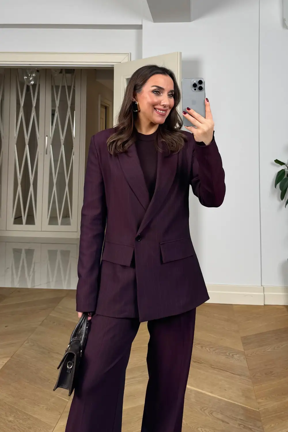 Kruvaze Çizgili Blazer Ceket Pantolon Kadın Takım - BORDO