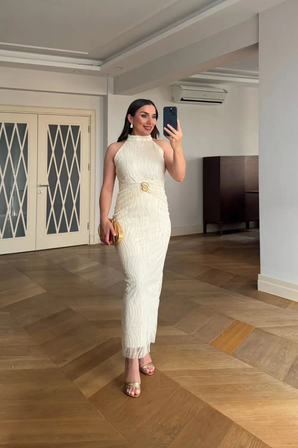 Halter Yaka Bağlamalı Tül Uzun Elbise 5