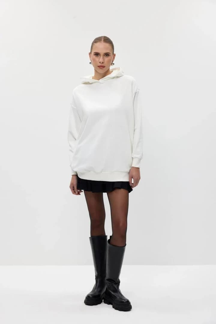 Basic Kapüşonlu Kadın Sweatshirt - Ekru