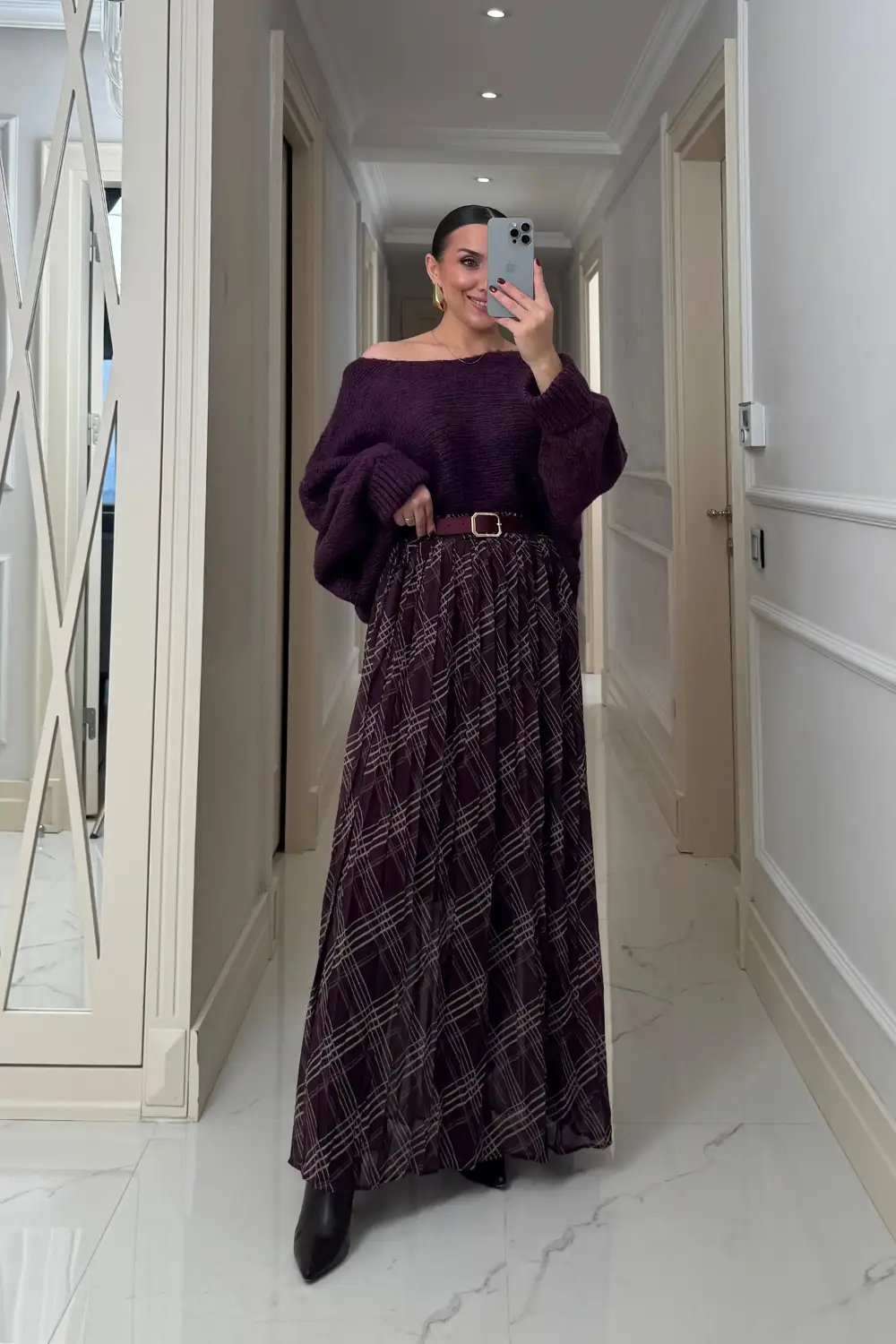 Desenli Beli Lastikli Şifon Uzun Etek 4