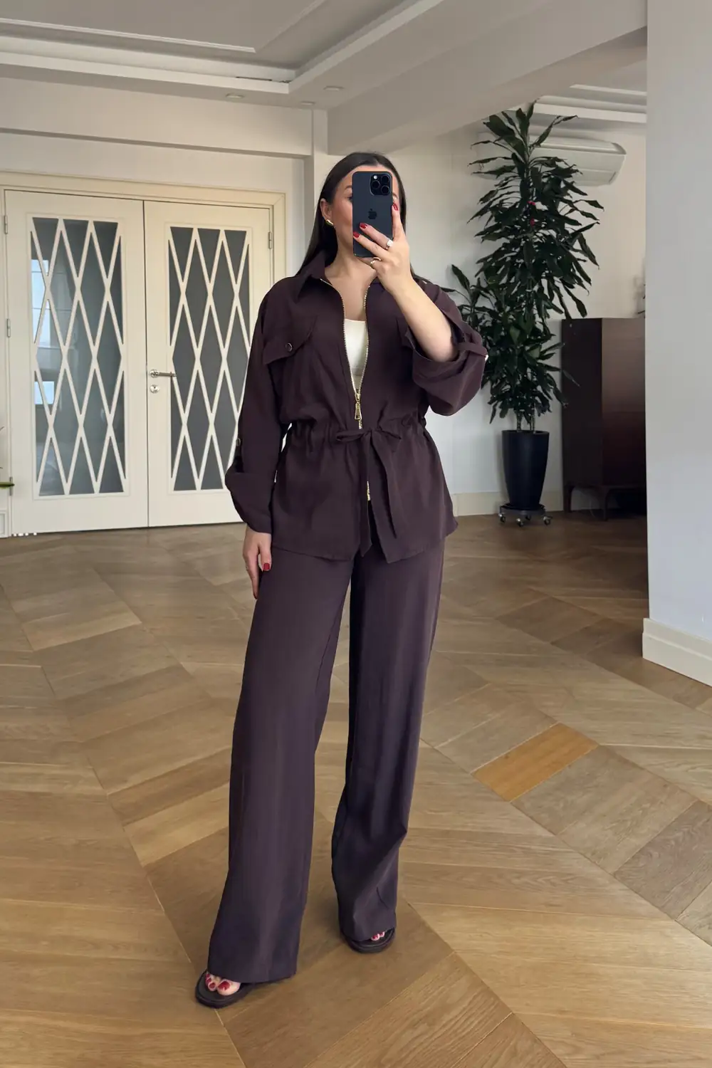 Modal Karışımlı Ceket Pantolon Kadın Takım - Kahverengi