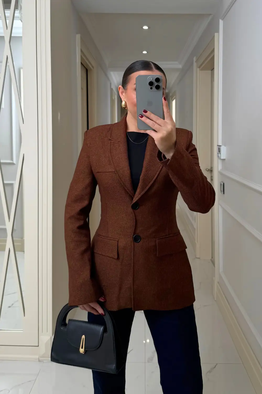 Vücuda Oturan Blazer Kadın Ceket - Kahverengi